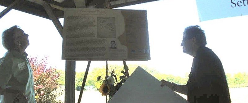 Wilhelmina Ienenfeldt's great granddaughters uncovered the Bravery & Tragedy, Beaver Falls Township marker at the Commemoration; left Ruth (Bratsch) Jacobson, Sacred Heart; right, Virginia (Bratsch) Faiman, Olivia
